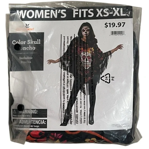 Women’s Skull Fringe Poncho – One Size Fits XS–XL – Day of the Dead / Halloween - Picture 2 of 3